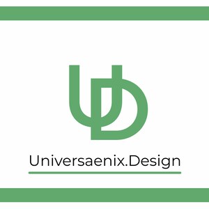 May include: A business card design featuring a green logo and text on a white background. The logo is a stylized 'UD' monogram in green. Below the logo is the text 'Universaenix.Design' underlined in black, with green borders.