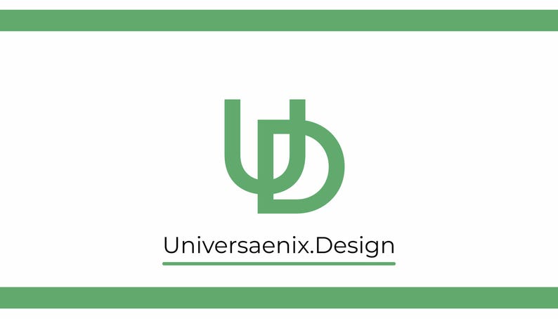 May include: A business card design featuring a green logo and text on a white background. The logo is a stylized 'UD' monogram in green. Below the logo is the text 'Universaenix.Design' underlined in black, with green borders.