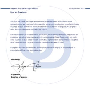 May include: A letterhead design with the Universaenix.Design logo in blue, featuring a stylized 'U' and text. The letter includes a subject line, date, and body text, with a signature from Anya One, Creator of events.