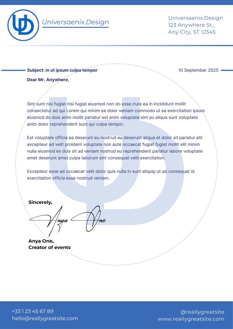 May include: A letterhead design with the Universaenix.Design logo in blue, featuring a stylized 'U' and text. The letter includes a subject line, date, and body text, with a signature from Anya One, Creator of events.