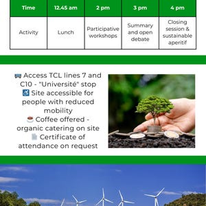 May include: A green and white event schedule with the title "Plannings." The schedule includes times, activities, and a contact section with a phone number, email, and website. The image also features wind turbines on a hillside.