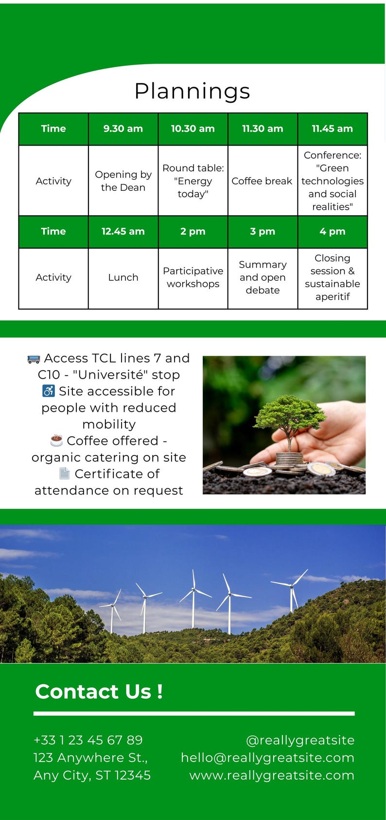 May include: A green and white event schedule with the title "Plannings." The schedule includes times, activities, and a contact section with a phone number, email, and website. The image also features wind turbines on a hillside.