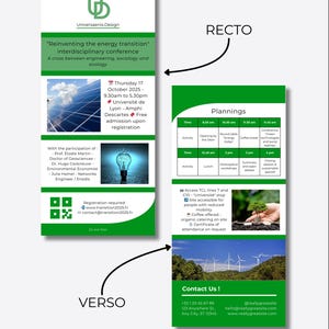 May include: A green and white event flyer for an interdisciplinary conference on energy transition, featuring text, images of solar panels, a lightbulb, and wind turbines. The flyer includes contact information and a schedule.