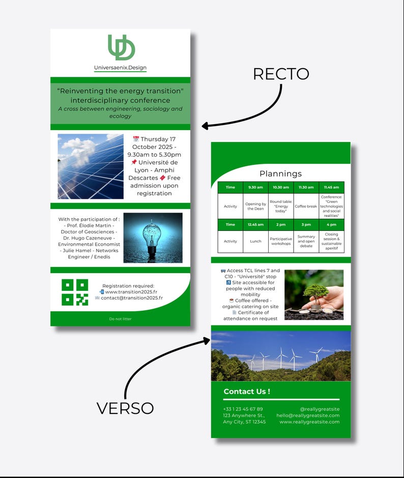 May include: A green and white event flyer for an interdisciplinary conference on energy transition, featuring text, images of solar panels, a lightbulb, and wind turbines. The flyer includes contact information and a schedule.