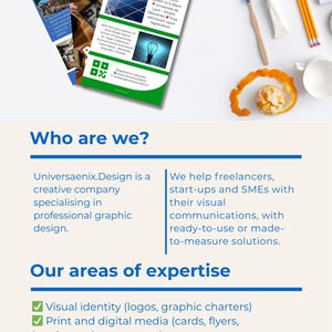 Op de afbeelding: Promotieafbeelding voor Universaenix.Design, een grafisch ontwerpbedrijf. De afbeelding toont een logo, een toetsenbord, potloden en brochures. De tekst benadrukt diensten zoals visuele identiteit, printmedia en professionele kits. Het kleurenschema is voornamelijk blauw en wit.
