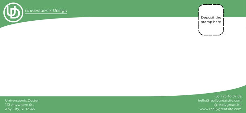 May include: A white and green envelope with the text "Universaenix Design" and a logo in the upper left corner. The words "Deposit the stamp here" are in a dashed box. Contact information is at the bottom.