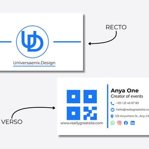 May include: Business card design with a blue and white color scheme. The front features a logo and the text "Universaenix.Design." The back includes a QR code, contact information, and the text "Anya One, Creator of events."