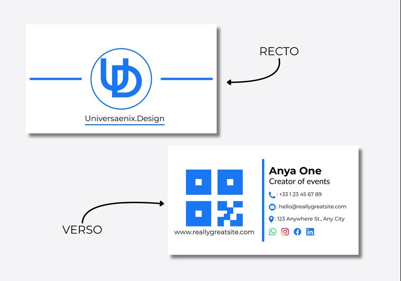 May include: Business card design with a blue and white color scheme. The front features a logo and the text "Universaenix.Design." The back includes a QR code, contact information, and the text "Anya One, Creator of events."