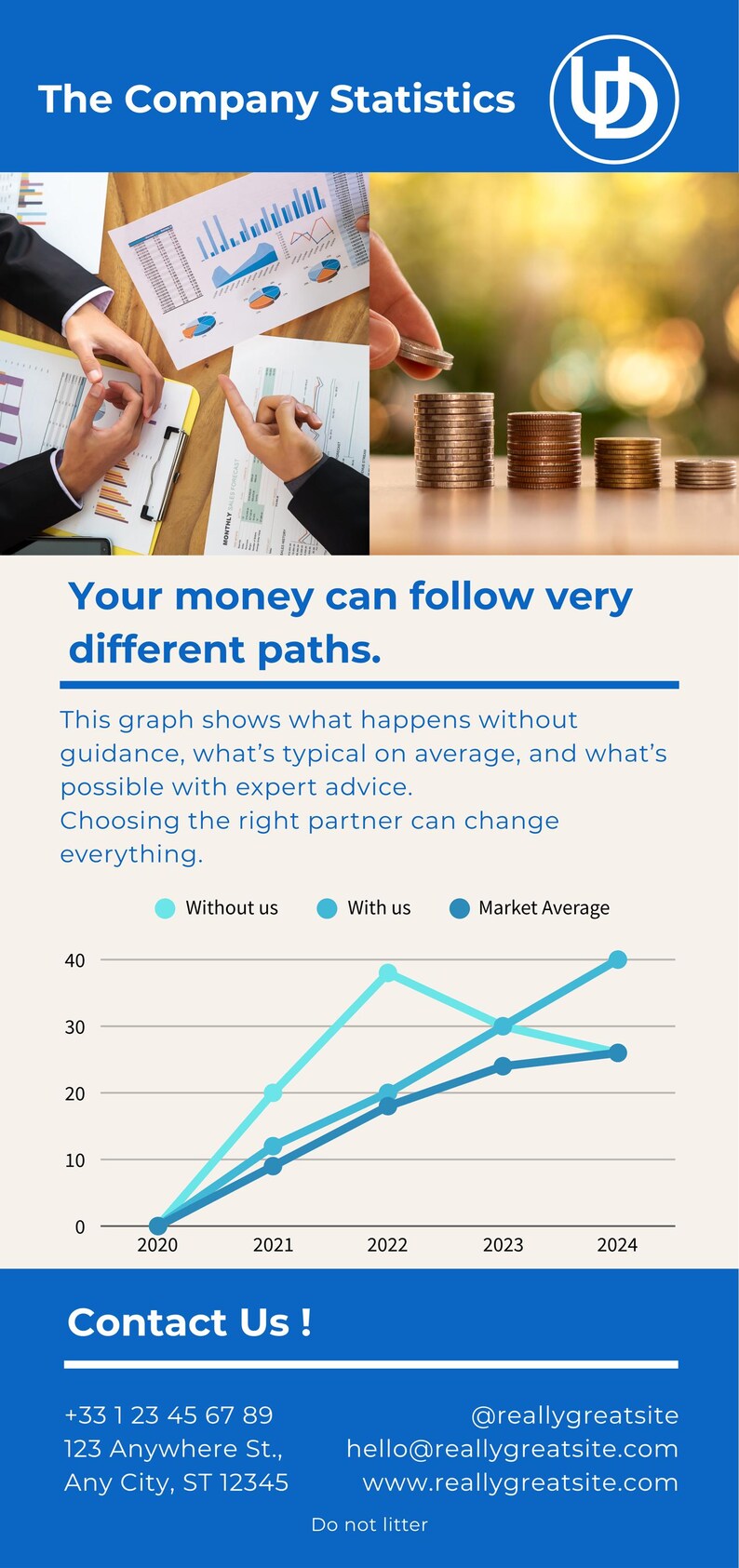May include: A business infographic with the text "The Company Statistics" and a logo. The image includes a graph showing financial data, stacks of coins, and the text "Your money can follow very different paths."