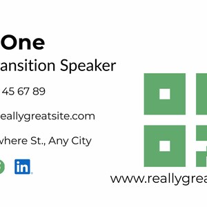 May include: A business card with the name "Anya One" and the title "Green Transition Speaker." Contact information includes a phone number, email, and address. Social media icons and a QR code are also present. The website is www.reallygreatsite.com.