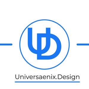 May include: A logo featuring a blue circular design with the intertwined letters "UD" inside. The text "Universaenix.Design" is below the circle, underlined. Two horizontal blue lines flank the logo on a white background.