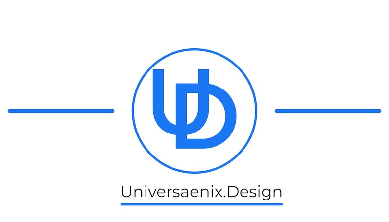 May include: A logo featuring a blue circular design with the intertwined letters "UD" inside. The text "Universaenix.Design" is below the circle, underlined. Two horizontal blue lines flank the logo on a white background.