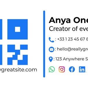 May include: A white background with a blue QR code and contact information. The text reads "Anya One, Creator of events" with a phone number, email, and address. Social media icons are also present.