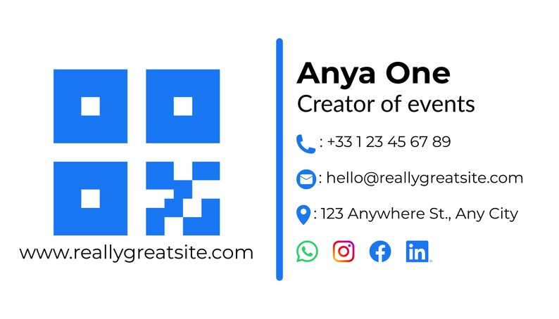 May include: A white background with a blue QR code and contact information. The text reads "Anya One, Creator of events" with a phone number, email, and address. Social media icons are also present.