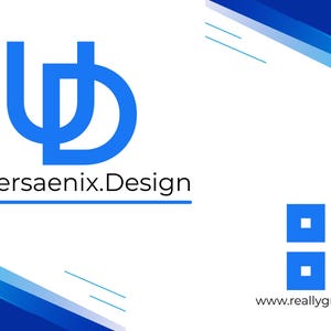 Op de afbeelding: Visitekaartontwerp met een witte achtergrond en blauwe accenten. Het logo toont een gestileerd blauw "UD" monogram boven de tekst "Universaenix.Design". Een QR-code en websiteadres zijn ook opgenomen.