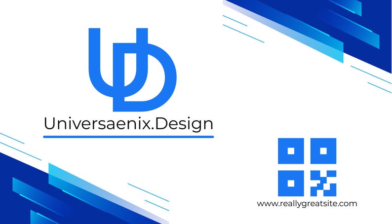 Op de afbeelding: Visitekaartontwerp met een witte achtergrond en blauwe accenten. Het logo toont een gestileerd blauw "UD" monogram boven de tekst "Universaenix.Design". Een QR-code en websiteadres zijn ook opgenomen.