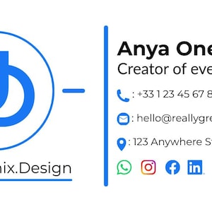 May include: A business card design with a blue and white color scheme. The card features a logo with the text "Universaenix.Design" and contact information, including a phone number, email, and social media icons.
