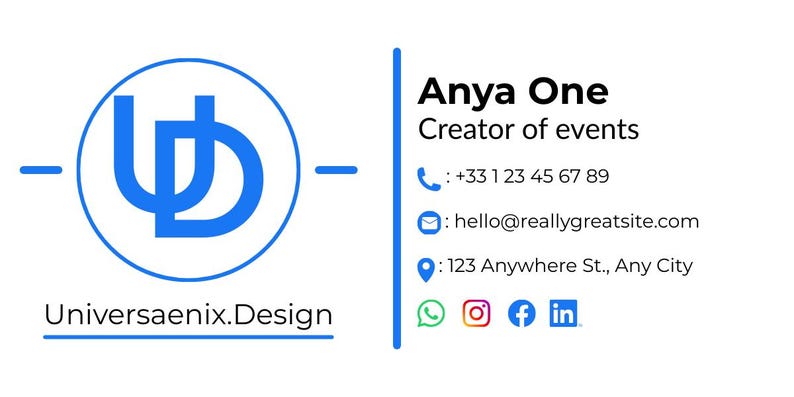 May include: A business card design with a blue and white color scheme. The card features a logo with the text "Universaenix.Design" and contact information, including a phone number, email, and social media icons.