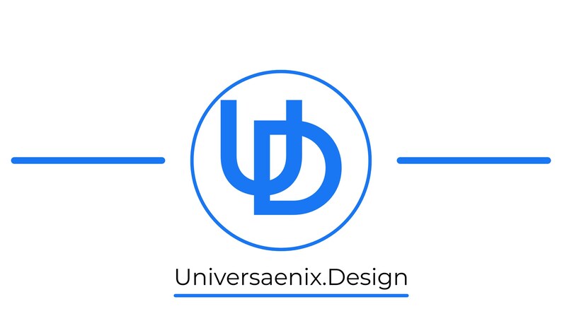 May include: A logo featuring the intertwined letters "UD" in blue within a blue circle, with the text "Universaenix.Design" below. Two horizontal blue lines flank the logo on a white background.