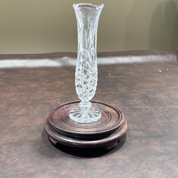 Vintage clear crystal footed, tulip top bud vase, 8” tall