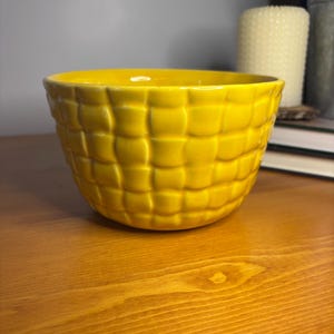 May include: A bright yellow ceramic bowl featuring a raised, grid-like texture across its exterior surface. The bowl has a rounded shape with a smooth, glossy finish and a consistent, vibrant yellow color throughout the entire exterior design.
