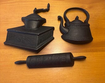 Set of vintage small black metal kitchen wall hanging decor, Sexton