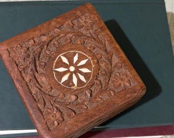 Hand carved hinged wooden box, with inlaid star pattern, India