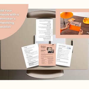May include: A workspace featuring a filmmaker's networking checklist. The image includes printed checklists, an orange booklet, and a small lamp. The text "Build Your Network with a Filmmaker's Networking Checklist" is visible.