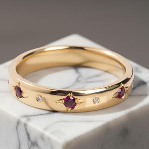 Pink Ruby Diamond Stacking Band 14K Yellow Gold Wedding Band July Birthstone Gift