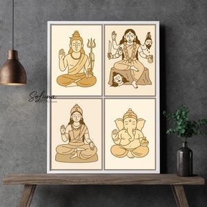 Hindu Deities Wall Art Set, Shiva Parvati Kali Ganesha Print, Digital Download, Indian Goddess Poster, Spiritual Minimalist Artwork
