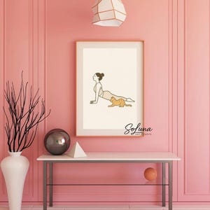 Arte mural de yoga con gato, mujer minimalista en postura de cobra imprimible, descarga digital de yoga con animales adorables, relación de aspecto 2:3