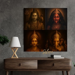 Set of 4 Hindu Gods Wall Art , Shiva Parvati Kali Ganesha Print, Indian Deity Poster Bundle, Meditation Spiritual Decor