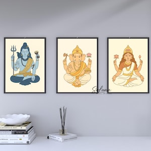 Hindu Deities Wall Art Set, Vishnu Ganesha Parvati Digital Download, Indian God Goddess Printable Art, Spiritual Home Decor