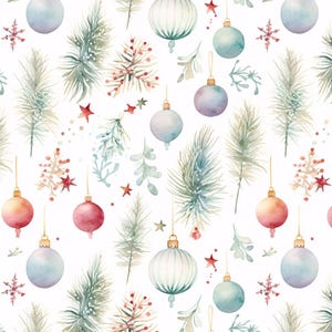 May include: Watercolor Christmas pattern featuring ornaments, snowflakes, and evergreen branches in shades of blue, pink, and green. The design includes hanging ornaments with gold caps, red stars, and delicate foliage on a white background.