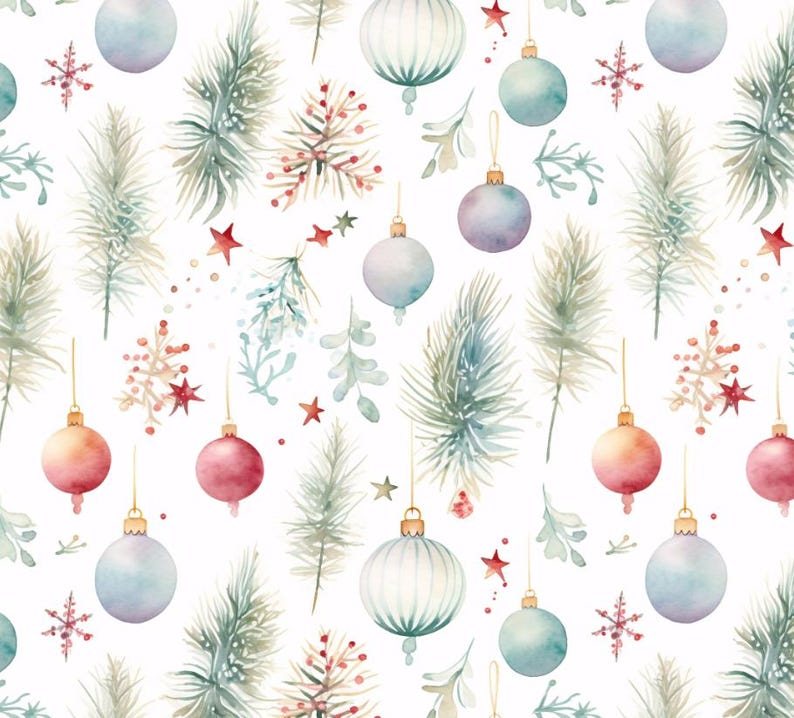 May include: Watercolor Christmas pattern featuring ornaments, snowflakes, and evergreen branches in shades of blue, pink, and green. The design includes hanging ornaments with gold caps, red stars, and delicate foliage on a white background.
