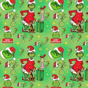 May include: A repeating pattern featuring the Grinch in a Santa hat and red suit, along with Cindy Lou Who, Max the dog, candy canes, and ornaments on a green background. The text "Merry Grinchmas!" is also present.