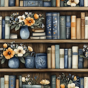 Könnte beinhalten: Aquarellillustration eines Bücherregals mit Büchern und Blumengestecken. Die Bücher sind in verschiedenen Farben gehalten, darunter Blau, Beige und Grün. Vasen mit orangefarbenen und weißen Blumen stehen auf den Regalen. Der Hintergrund ist dunkles Holz.