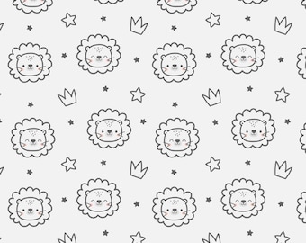 May include: A repeating pattern featuring cartoon lions with fluffy manes, smiling faces, and small star and crown accents. The design is in shades of gray and white, creating a playful and whimsical aesthetic, suitable for children's products.