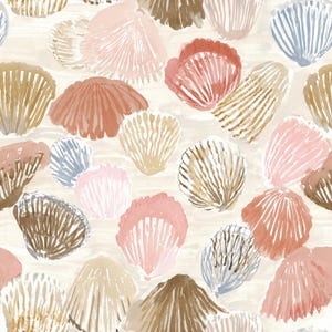 May include: A repeating pattern of watercolor-style seashells in shades of dusty pink, terracotta, soft brown, and muted blue. The shells are arranged against a light cream background, featuring detailed ridges and fan-like shapes throughout.