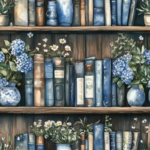 Könnte beinhalten: Aquarell-Illustration eines Bücherregals mit Büchern in Blau-, Braun- und Weißtönen. Die Regale sind mit blauen Hortensien in Vasen und kleinen weißen Blumen geschmückt, was eine Vintage-Ästhetik erzeugt.