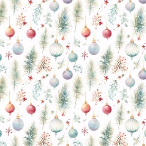 May include: A watercolor pattern featuring Christmas ornaments in various colors, including red, blue, and gold. The design also incorporates sprigs of evergreen, snowflakes, and small red stars, all set against a white background. This festive pattern is perfect for holiday-themed products.