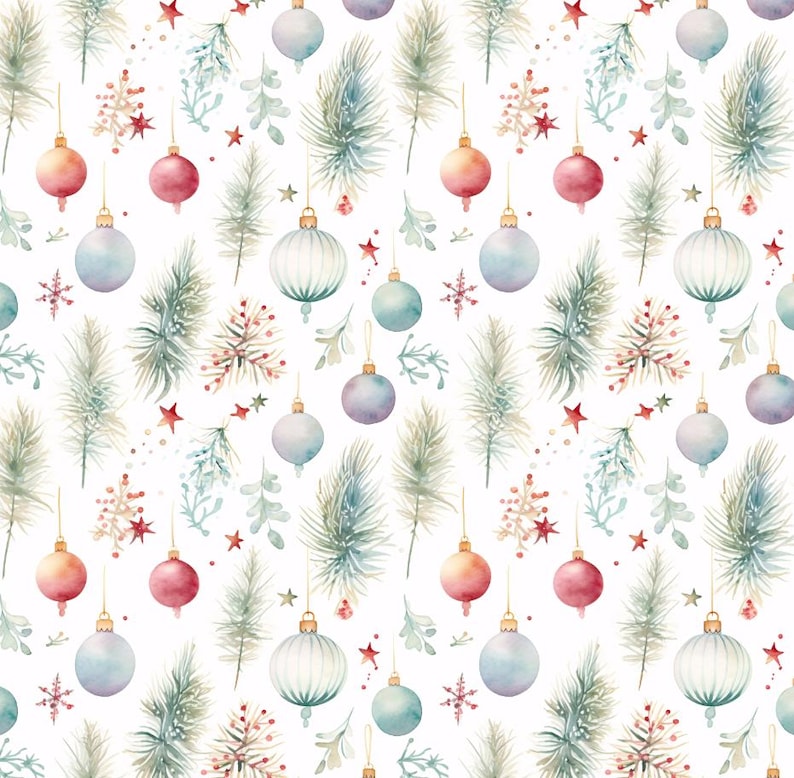 May include: A watercolor pattern featuring Christmas ornaments in various colors, including red, blue, and gold. The design also incorporates sprigs of evergreen, snowflakes, and small red stars, all set against a white background. This festive pattern is perfect for holiday-themed products.