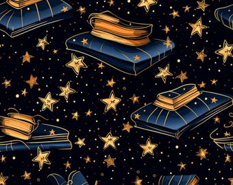 May include: Seamless pattern featuring stacks of books with gold-colored pages atop blue cushions. Gold stars and dots are scattered across a dark blue background, creating a celestial or magical theme. The illustration style is detailed and artistic.
