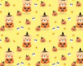 May include: A repeating pattern on a yellow background features Halloween-themed illustrations. The design includes cartoon bears in witch hats and pumpkin costumes, jack-o'-lanterns, candy corn, and white skulls. The overall theme is festive and suitable for Halloween.