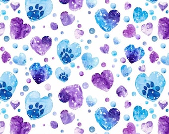 Pastle Heart Dog Paw Pattern Fabric - 100% Cotton - 55 inches wide - Sold by half yards - DIY Fabric