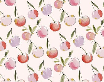 Watercolor Cherry Pattern Fabric - 100% Cotton - 55 inches wide - Sold by half yards - DIY Fabric