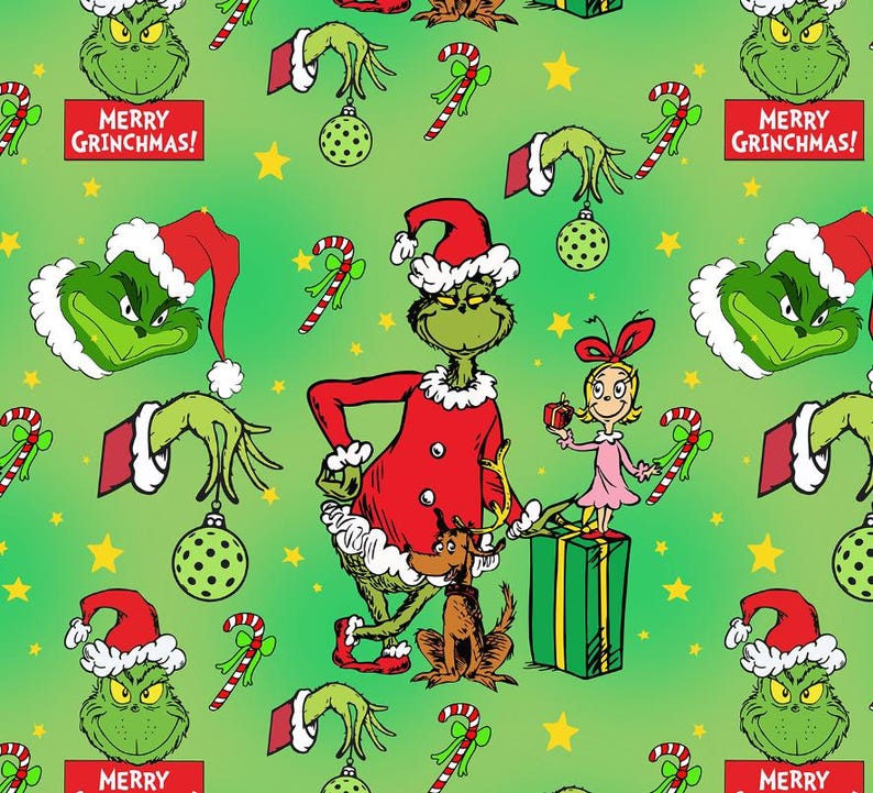 Green Monster Christmas Grinch Pattern Fabric - 100% Cotton - 55 Inches ...