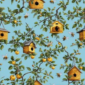 Op de afbeelding: Een herhalend patroon met gele vogelhuisjes, bijen en appels op takken met groene bladeren. De achtergrond is lichtblauw. De vogelhuisjes hangen aan de takken.