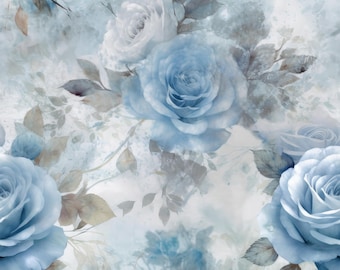 May include: A seamless pattern featuring large, soft-focus blue roses and delicate leaves set against a cloudy, watercolor-style background. The design incorporates shades of light blue, white, and muted gray, creating a layered floral aesthetic.