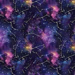 Könnte beinhalten: Ein nahtloses Muster mit einem Aquarell-Galaxie-Design. Der Hintergrund ist eine Mischung aus tiefen Blautönen, Purpur und Rosa, mit weißen Sternbildern und verstreuten Sternen. Das Design erinnert an den Kosmos und Himmelskörper.